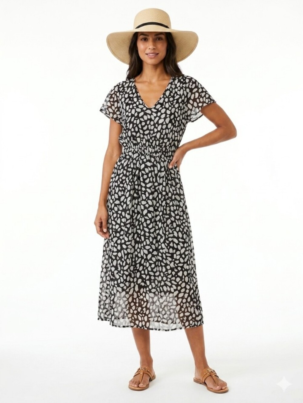 Sheer Black and White Bambi Print Flutter Sleeve Dress